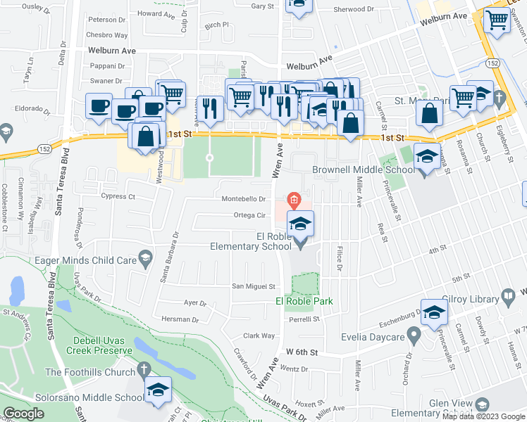 map of restaurants, bars, coffee shops, grocery stores, and more near 955 Ortega Circle in Gilroy