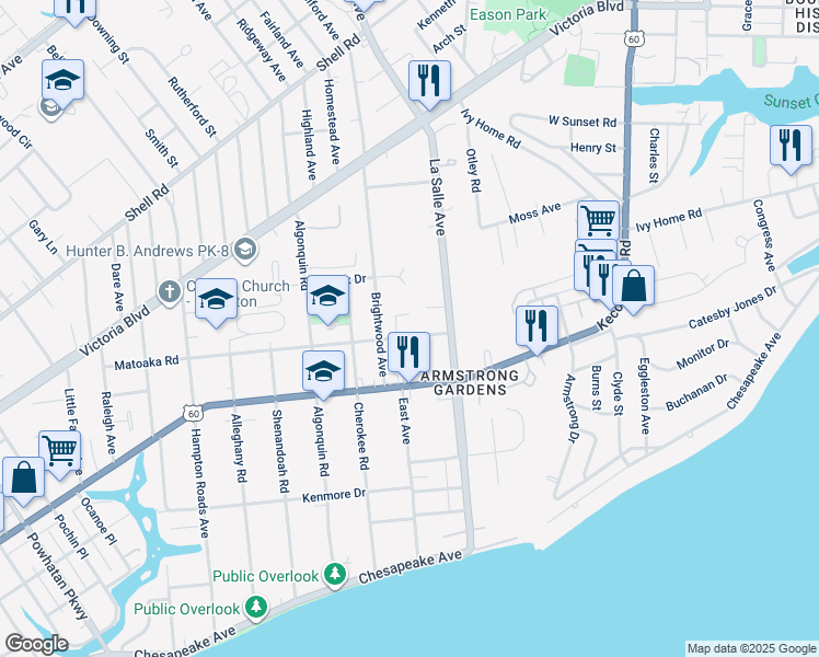 map of restaurants, bars, coffee shops, grocery stores, and more near 3607 Matoaka Road in Hampton