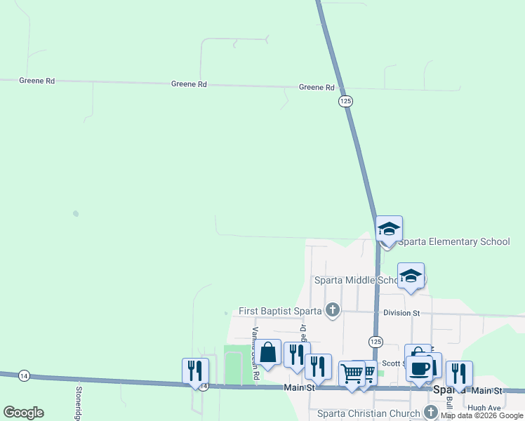 map of restaurants, bars, coffee shops, grocery stores, and more near 635 Farmer Lane in Sparta