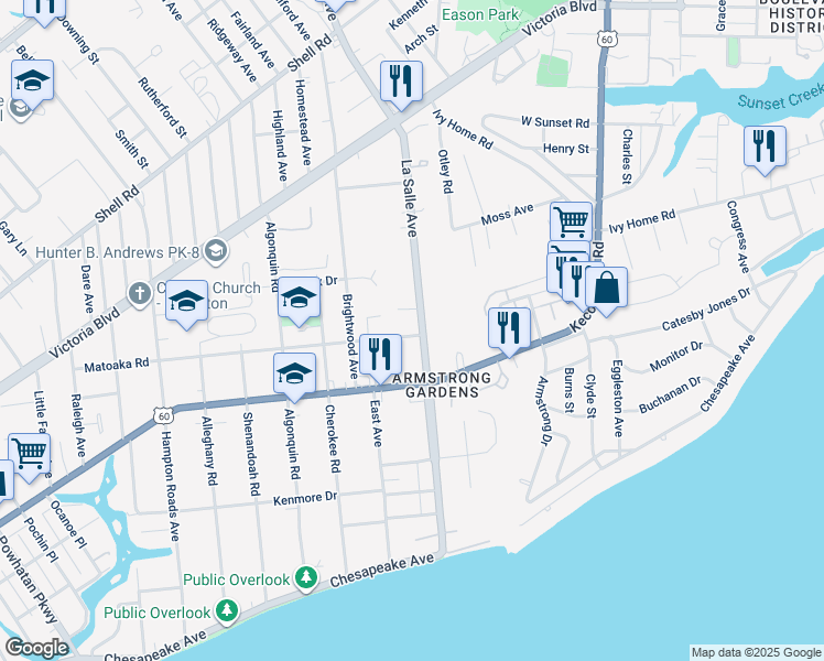 map of restaurants, bars, coffee shops, grocery stores, and more near 253 La Salle Avenue in Hampton