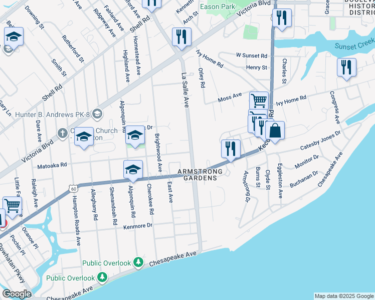 map of restaurants, bars, coffee shops, grocery stores, and more near 253 La Salle Avenue in Hampton