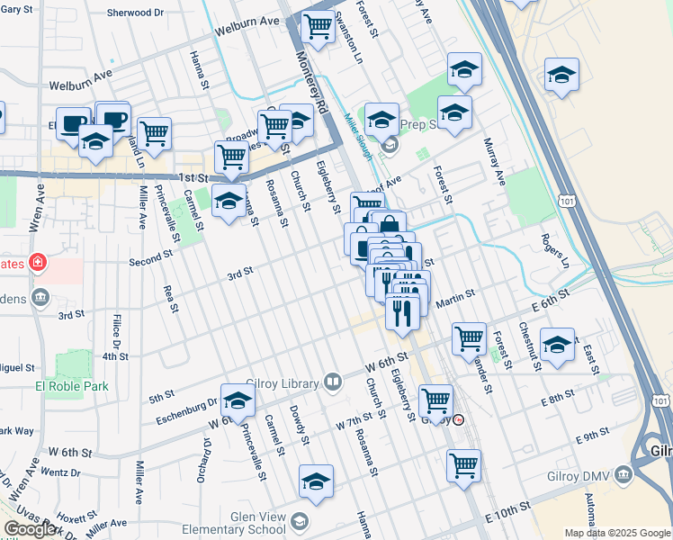 map of restaurants, bars, coffee shops, grocery stores, and more near 7640 Church Street in Gilroy