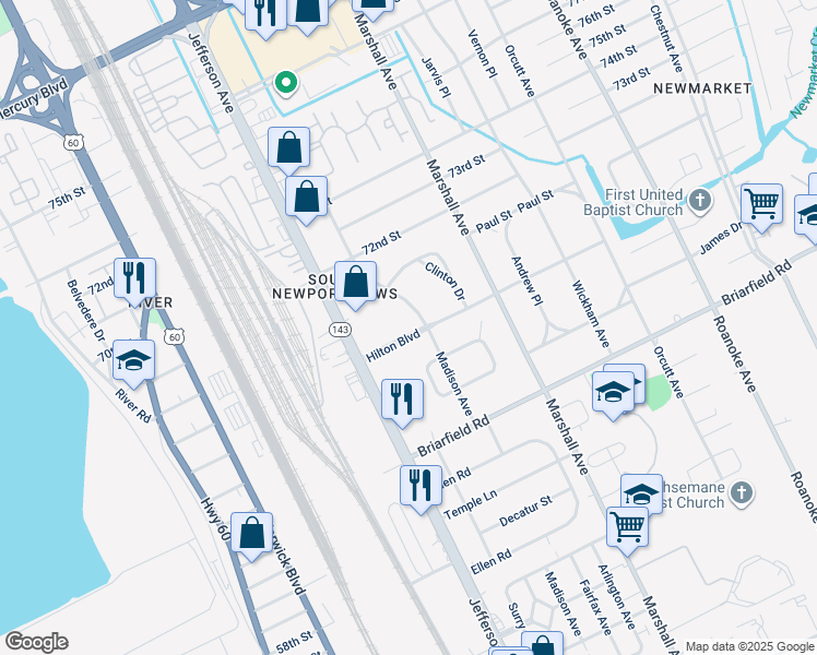 map of restaurants, bars, coffee shops, grocery stores, and more near 617 Hilton Boulevard in Newport News