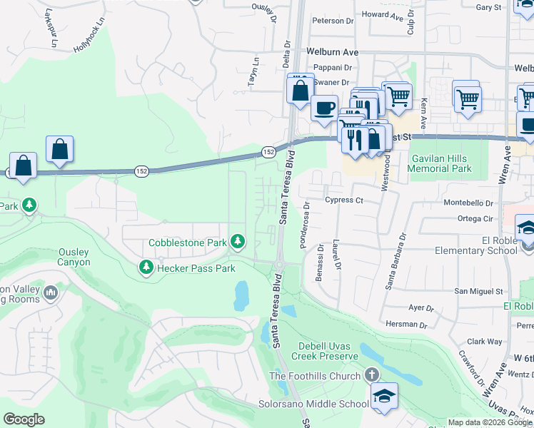 map of restaurants, bars, coffee shops, grocery stores, and more near 1554 Bianca Way in Gilroy