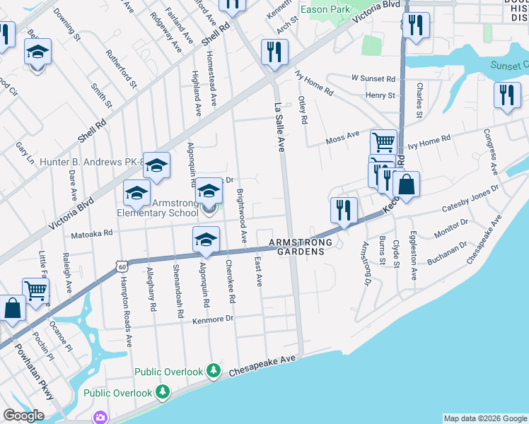 map of restaurants, bars, coffee shops, grocery stores, and more near 3600 Matoaka Road in Hampton
