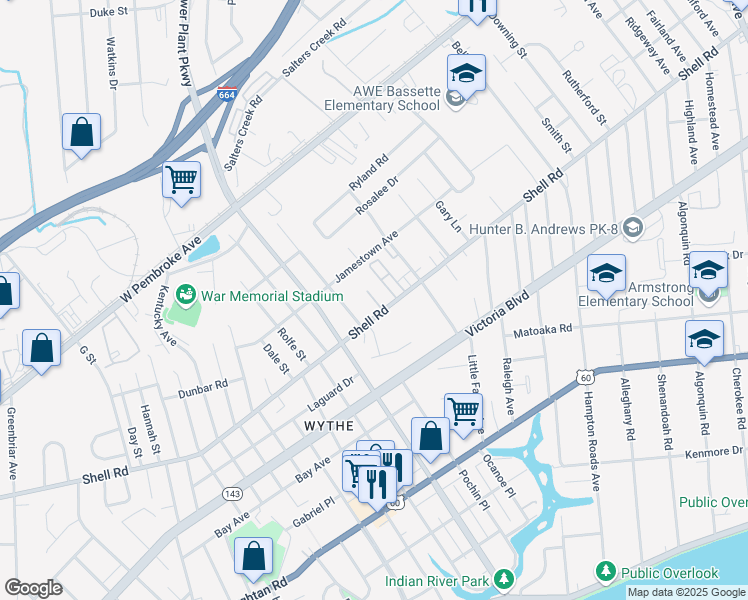 map of restaurants, bars, coffee shops, grocery stores, and more near 2211 Shell Road in Hampton
