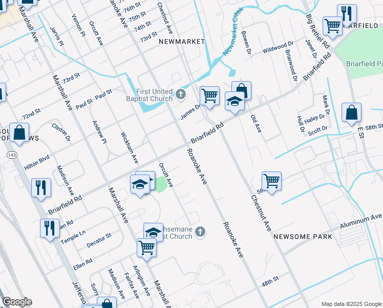 map of restaurants, bars, coffee shops, grocery stores, and more near 6111 Roanoke Avenue in Newport News