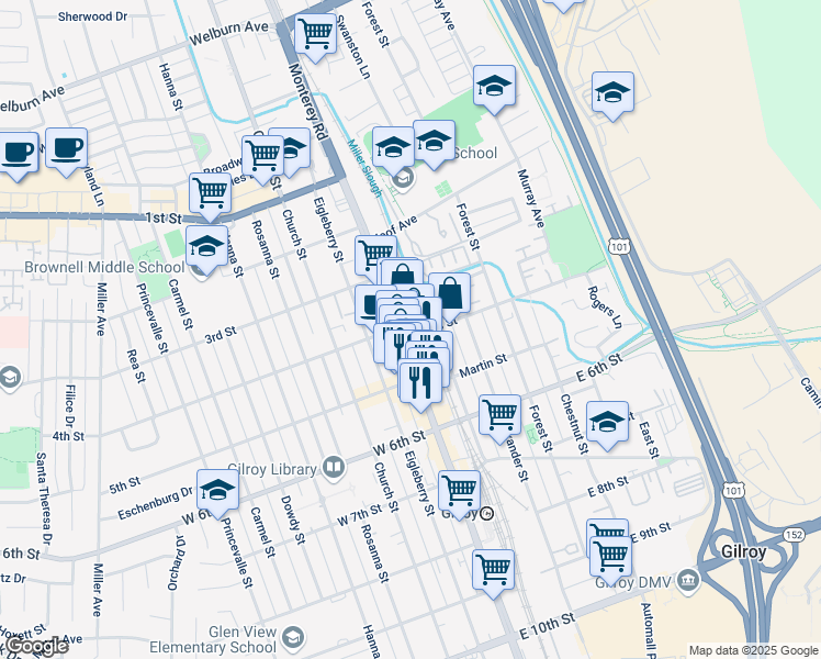 map of restaurants, bars, coffee shops, grocery stores, and more near 7600 Monterey Road in Gilroy