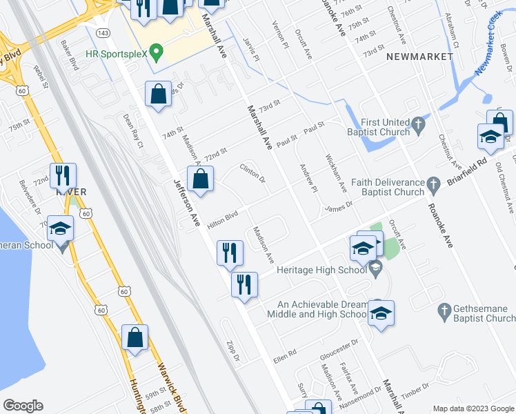 map of restaurants, bars, coffee shops, grocery stores, and more near 622 Hilton Boulevard in Newport News