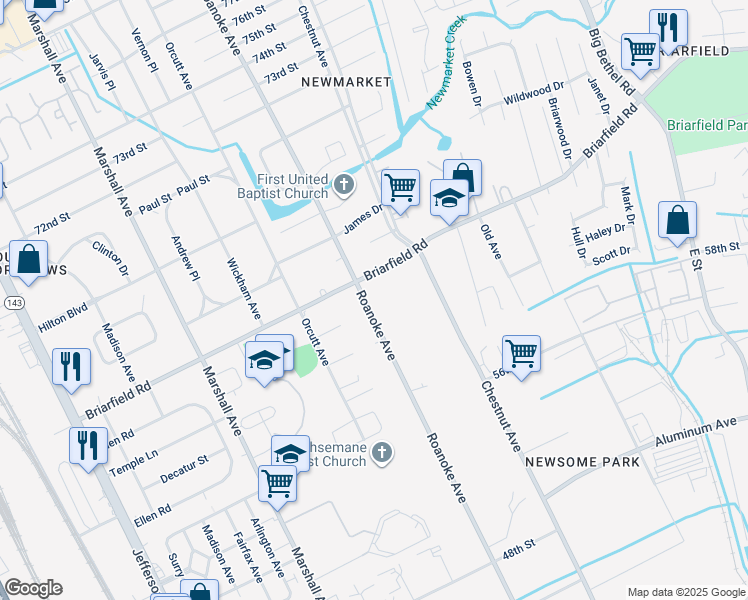 map of restaurants, bars, coffee shops, grocery stores, and more near 6103 Roanoke Avenue in Newport News