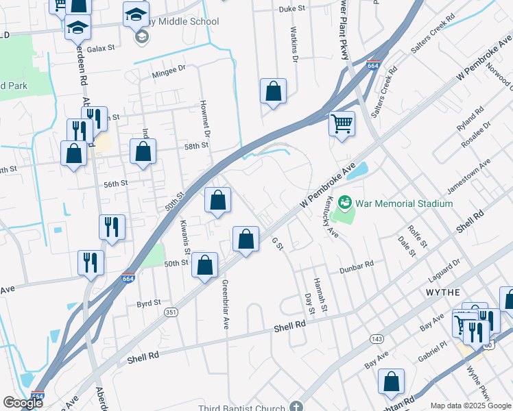 map of restaurants, bars, coffee shops, grocery stores, and more near 902 G Street in Hampton