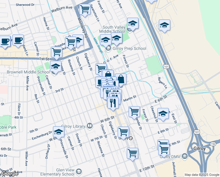 map of restaurants, bars, coffee shops, grocery stores, and more near 7600 Monterey Street in Gilroy