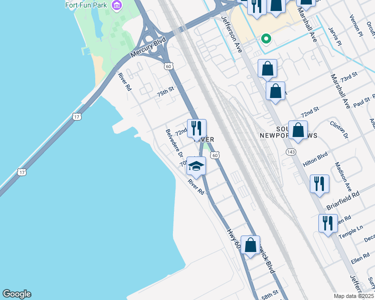 map of restaurants, bars, coffee shops, grocery stores, and more near 7002 Belvedere Drive in Newport News