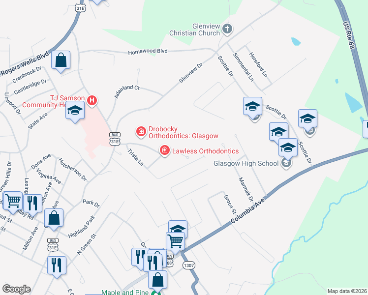 map of restaurants, bars, coffee shops, grocery stores, and more near 309 Professional Park Drive in Glasgow