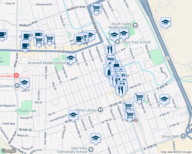 map of restaurants, bars, coffee shops, grocery stores, and more near 7630 Rosanna Street in Gilroy