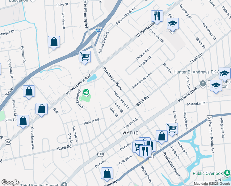 map of restaurants, bars, coffee shops, grocery stores, and more near 703 Pocahontas Place in Hampton