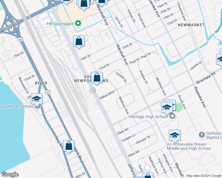 map of restaurants, bars, coffee shops, grocery stores, and more near 617 Hilton Boulevard in Newport News
