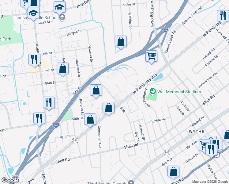 map of restaurants, bars, coffee shops, grocery stores, and more near 902 G Street in Hampton