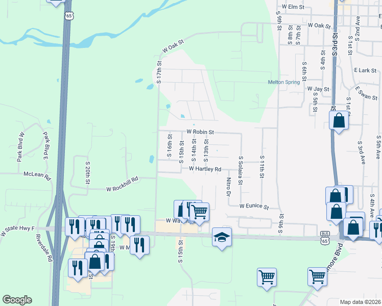 map of restaurants, bars, coffee shops, grocery stores, and more near 1218 South 15th Street in Ozark