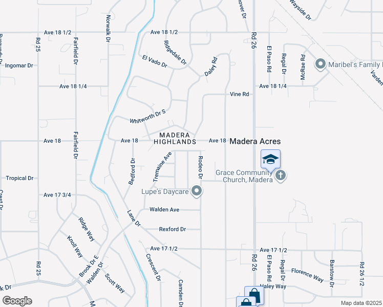 map of restaurants, bars, coffee shops, grocery stores, and more near 25714 Tremaine Avenue in Madera
