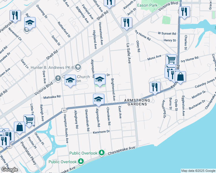 map of restaurants, bars, coffee shops, grocery stores, and more near 306 Cherokee Road in Hampton