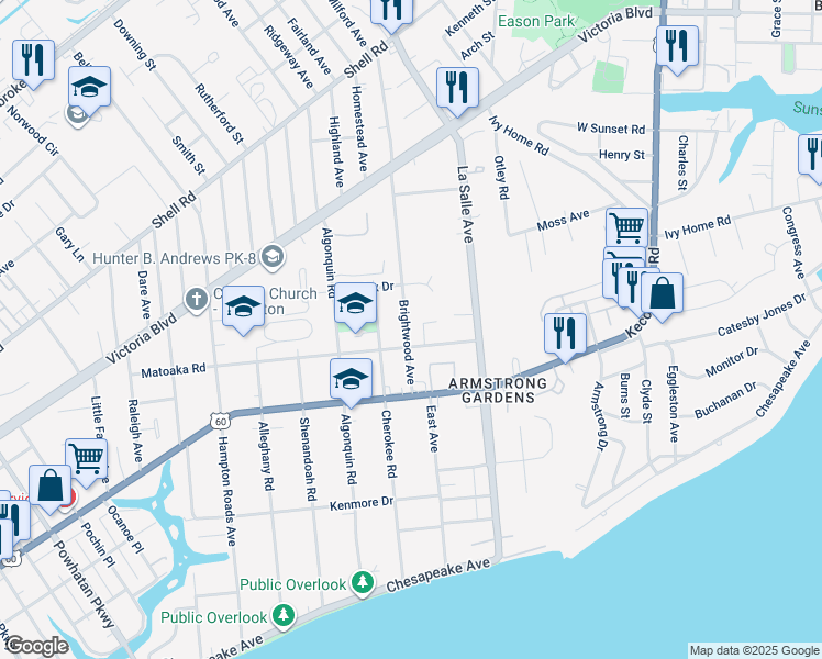map of restaurants, bars, coffee shops, grocery stores, and more near 306 Brightwood Avenue in Hampton