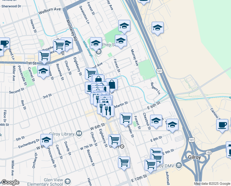 map of restaurants, bars, coffee shops, grocery stores, and more near 7581 Alexander Street in Gilroy