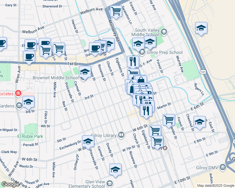 map of restaurants, bars, coffee shops, grocery stores, and more near 7630 Rosanna Street in Gilroy
