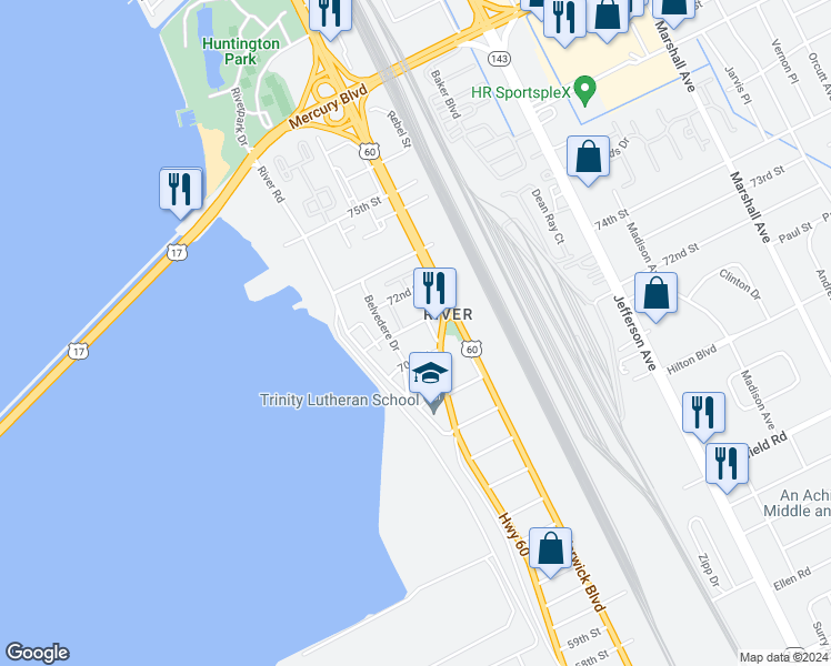 map of restaurants, bars, coffee shops, grocery stores, and more near 312 71st Street in Newport News