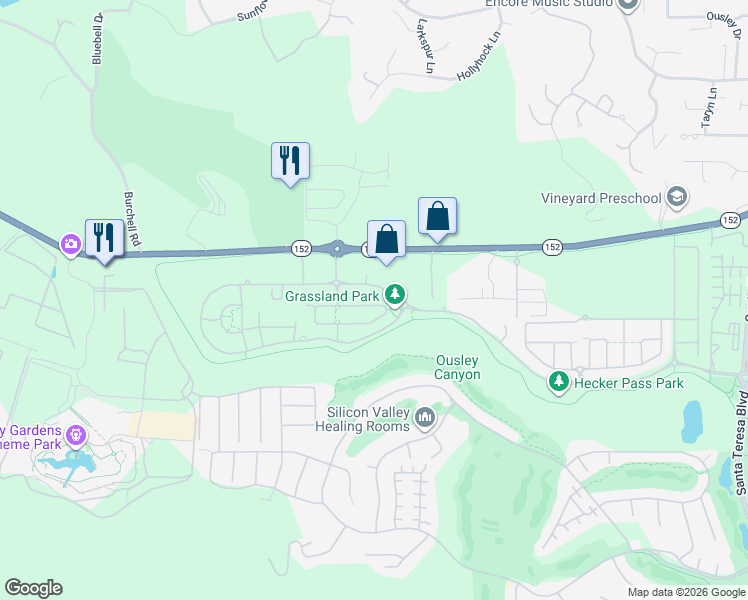 map of restaurants, bars, coffee shops, grocery stores, and more near 2531 Apricot Way in Gilroy