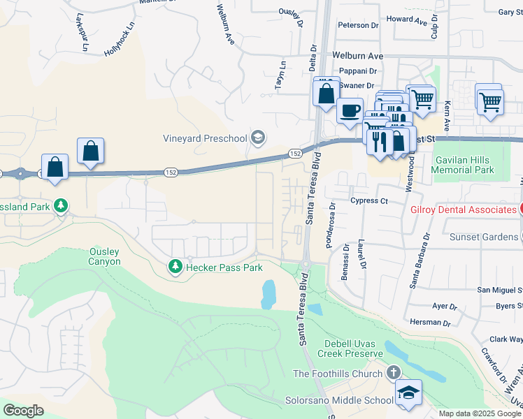 map of restaurants, bars, coffee shops, grocery stores, and more near 7832 Cobblestone Court in Gilroy