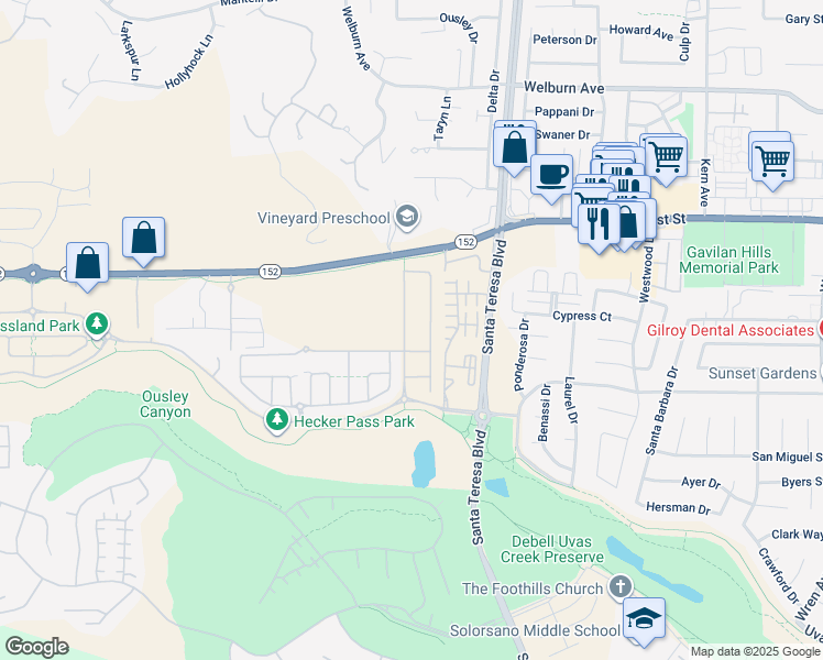 map of restaurants, bars, coffee shops, grocery stores, and more near 7832 Cobblestone Court in Gilroy