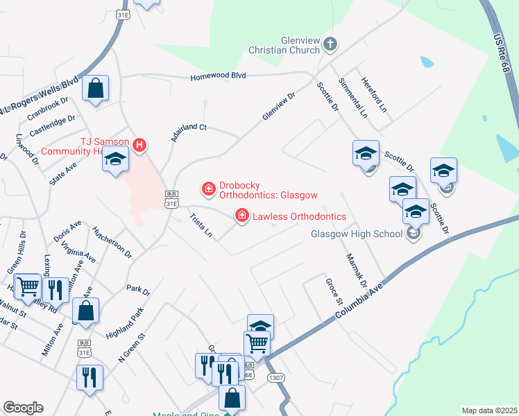 map of restaurants, bars, coffee shops, grocery stores, and more near 313 Professional Park Drive in Glasgow