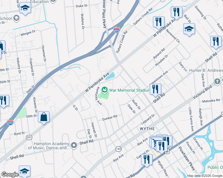 map of restaurants, bars, coffee shops, grocery stores, and more near 12 Salters Creek Road in Hampton