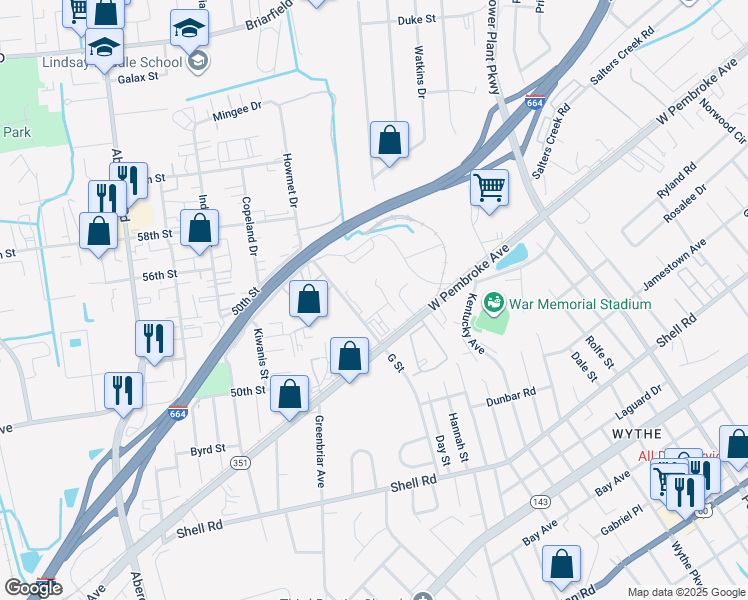 map of restaurants, bars, coffee shops, grocery stores, and more near 902 G Street in Hampton