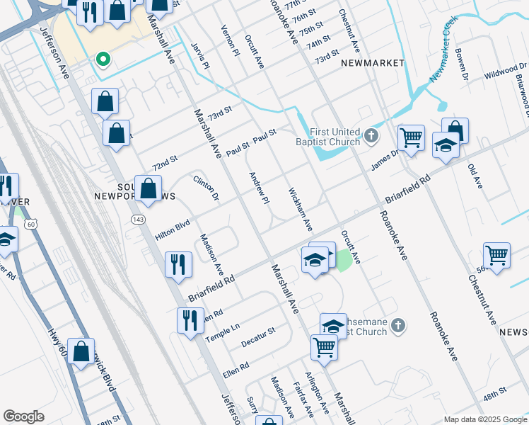 map of restaurants, bars, coffee shops, grocery stores, and more near 5911 Andrew Place in Newport News