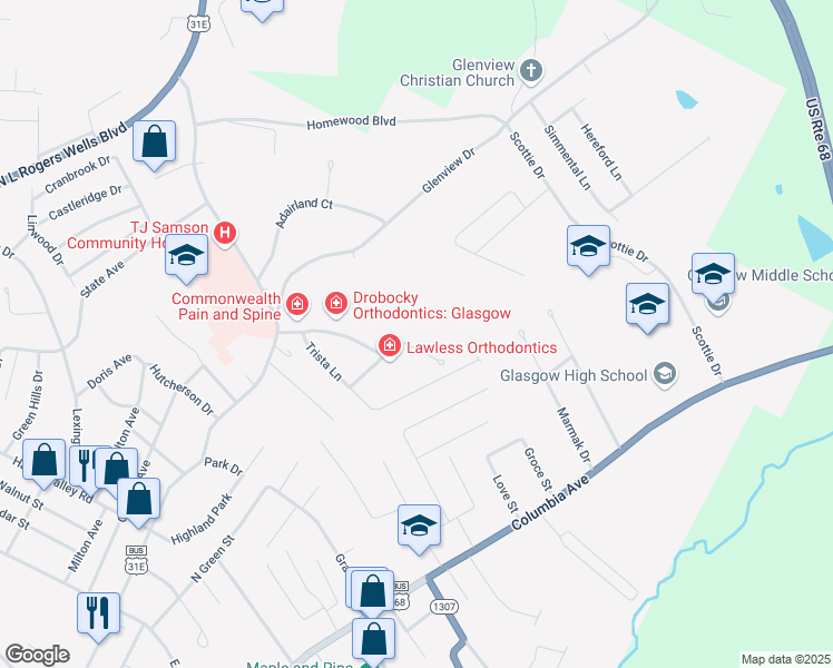 map of restaurants, bars, coffee shops, grocery stores, and more near 307 Professional Park Drive in Glasgow