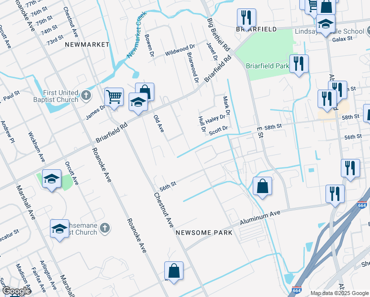 map of restaurants, bars, coffee shops, grocery stores, and more near 5903 Potomac Avenue in Newport News