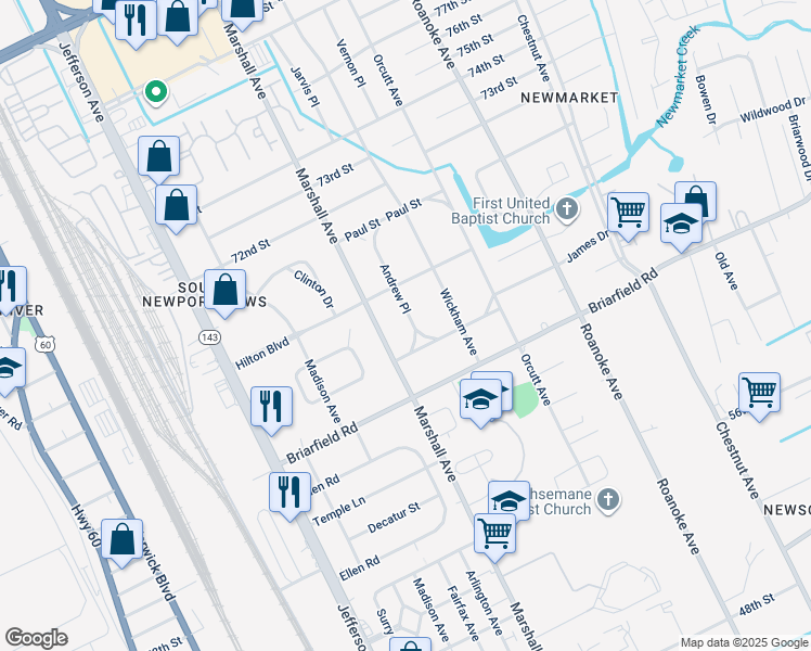 map of restaurants, bars, coffee shops, grocery stores, and more near 5911 Andrew Place in Newport News