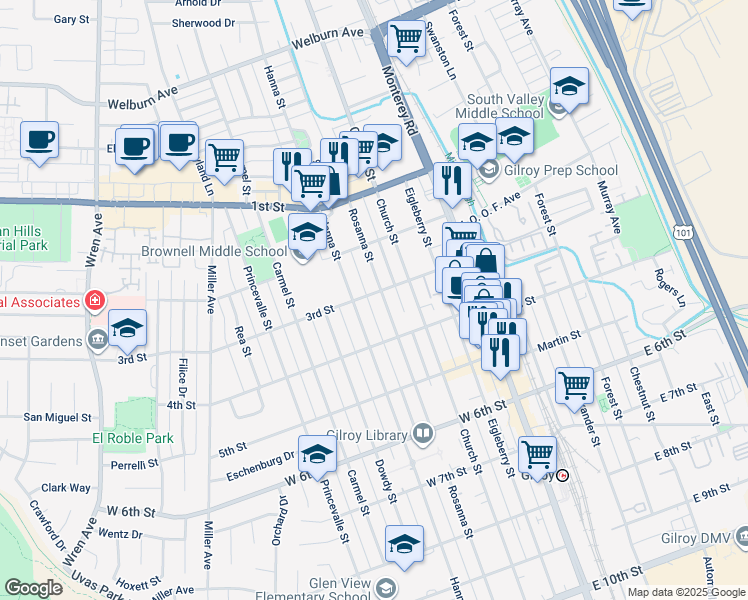 map of restaurants, bars, coffee shops, grocery stores, and more near 7640 Hanna Street in Gilroy