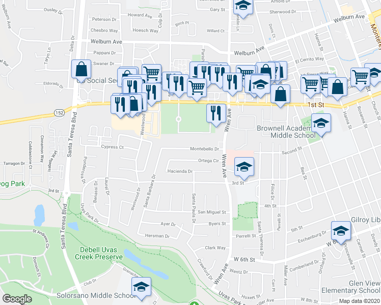 map of restaurants, bars, coffee shops, grocery stores, and more near 1050 Ortega Circle in Gilroy
