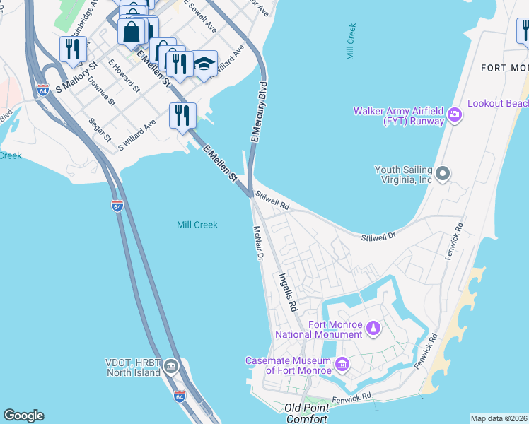 map of restaurants, bars, coffee shops, grocery stores, and more near 140 Ingalls Road in Hampton
