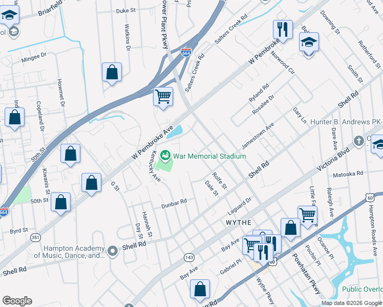 map of restaurants, bars, coffee shops, grocery stores, and more near 725 Rolfe Street in Hampton