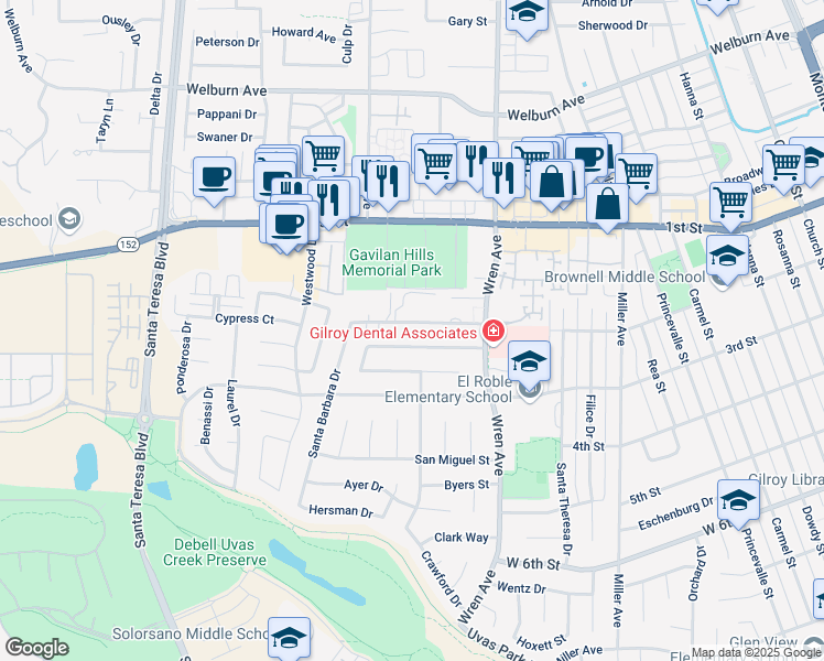 map of restaurants, bars, coffee shops, grocery stores, and more near 1058 Montebello Drive in Gilroy