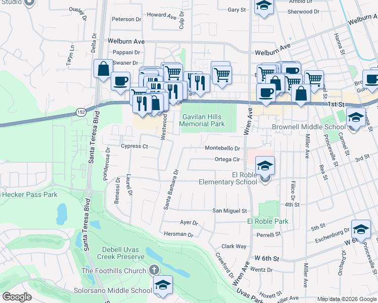 map of restaurants, bars, coffee shops, grocery stores, and more near 1120 Ortega Circle in Gilroy
