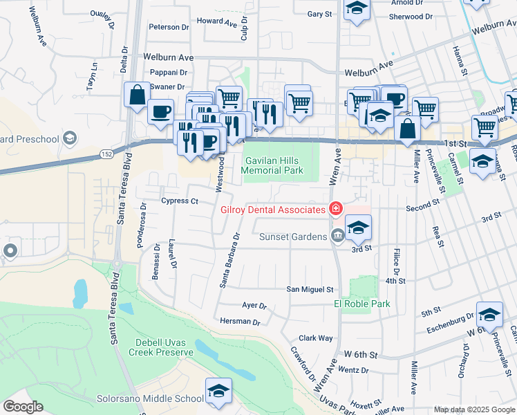 map of restaurants, bars, coffee shops, grocery stores, and more near 1138 Montebello Drive in Gilroy
