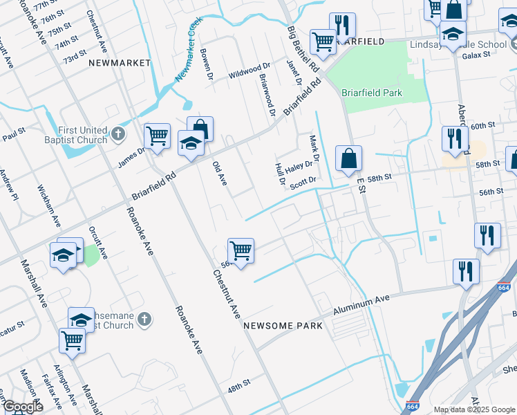 map of restaurants, bars, coffee shops, grocery stores, and more near 5903 Potomac Avenue in Newport News