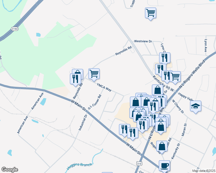 map of restaurants, bars, coffee shops, grocery stores, and more near 301 Ymca Way in Glasgow