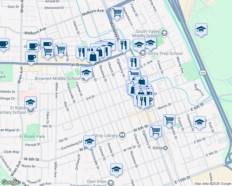 map of restaurants, bars, coffee shops, grocery stores, and more near 7701 Church Street in Gilroy
