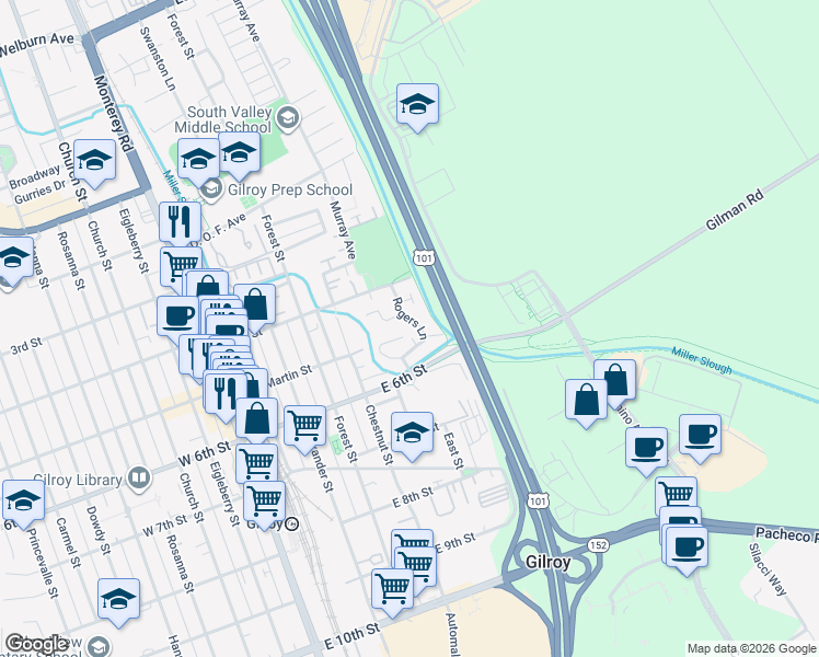 map of restaurants, bars, coffee shops, grocery stores, and more near 7530 Rogers Lane in Gilroy